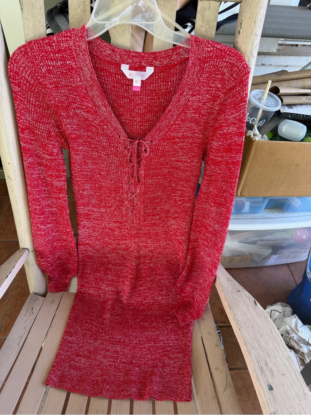 No Boundaries Red Marled Lace-Up V-Neck Ribbed Long Sleeve Dress